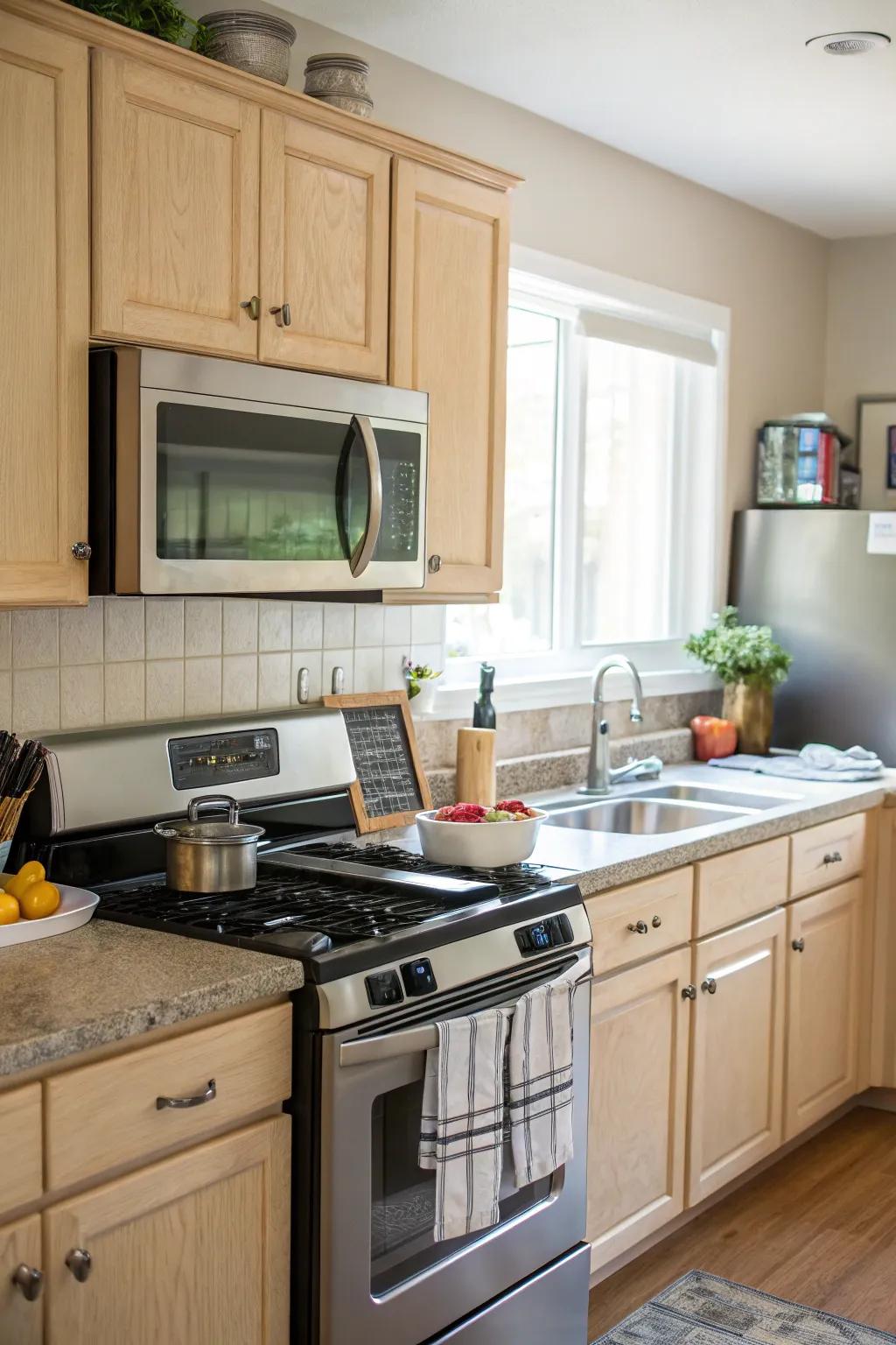 A wave oven strategically positioned near the cooktop for optimal workflow.