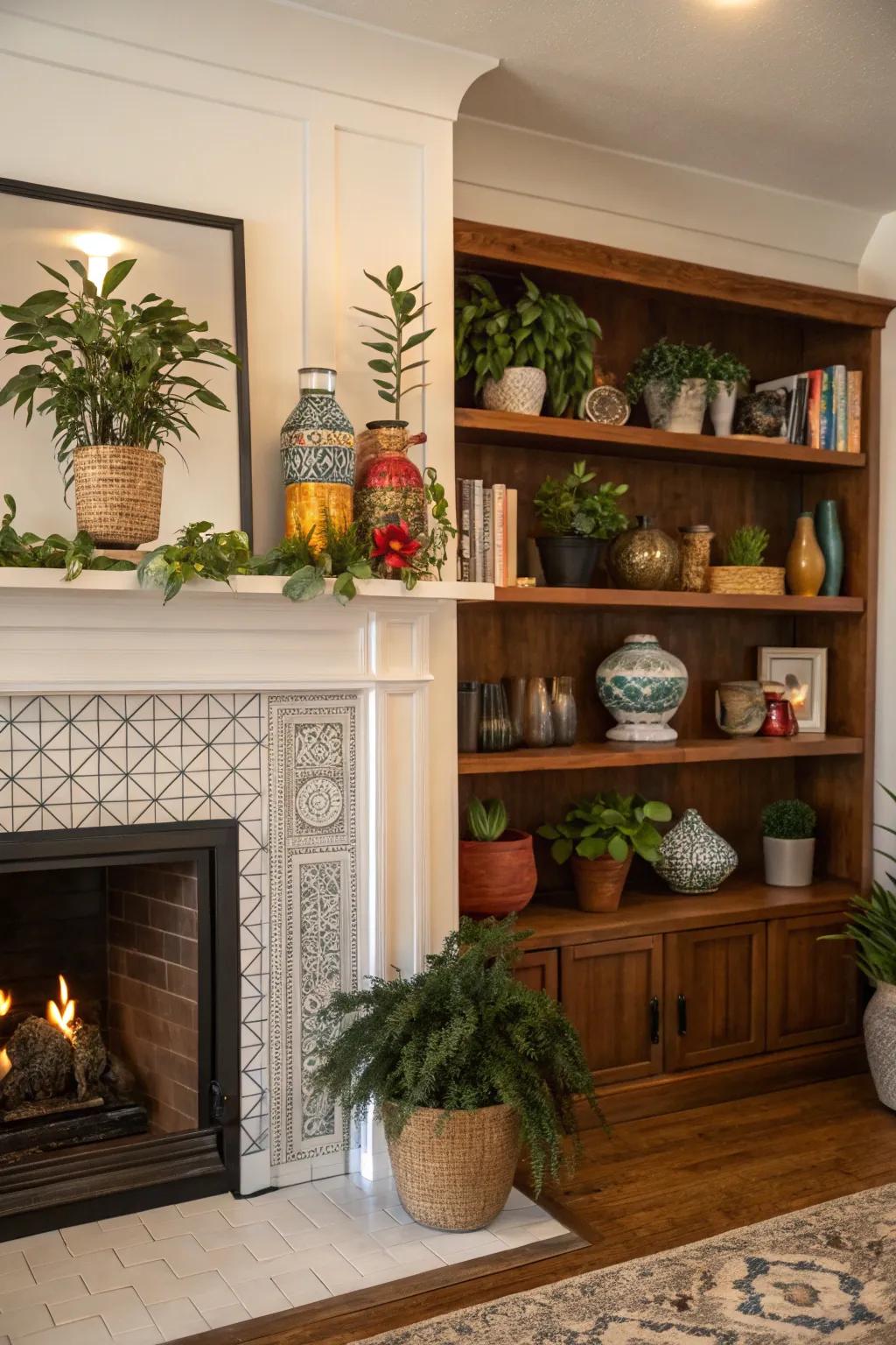 Items of decor bring a sense of individuality to integrated fireplace designs.