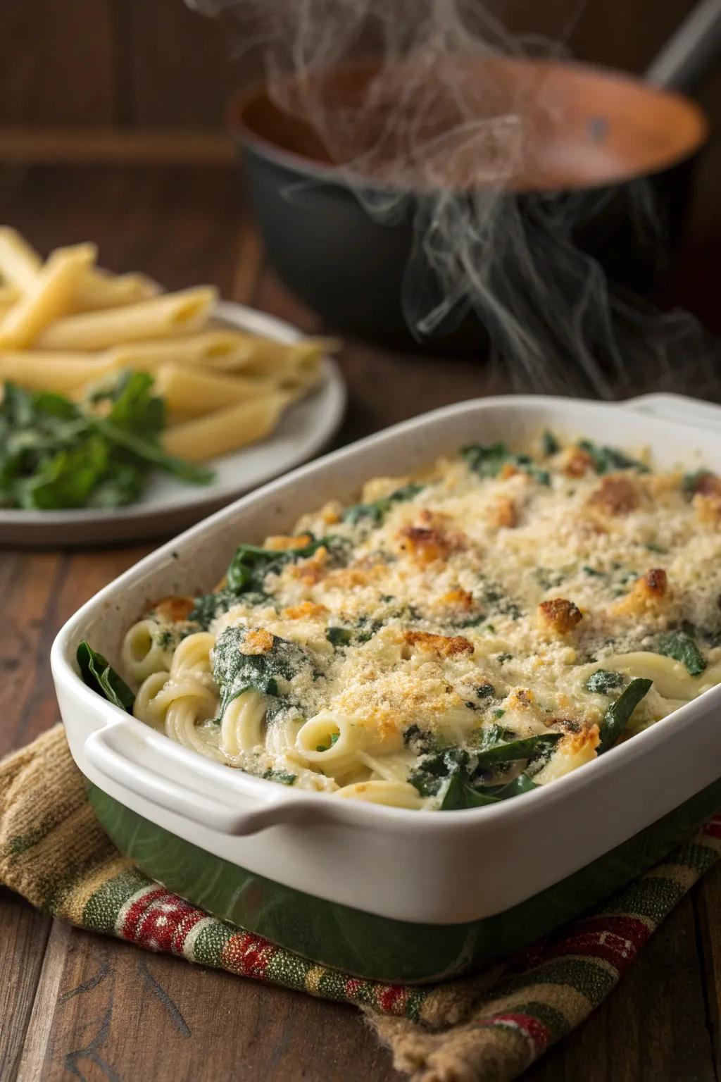 A creamy pasta bake featuring a golden, crunchy breadcrumb crust.