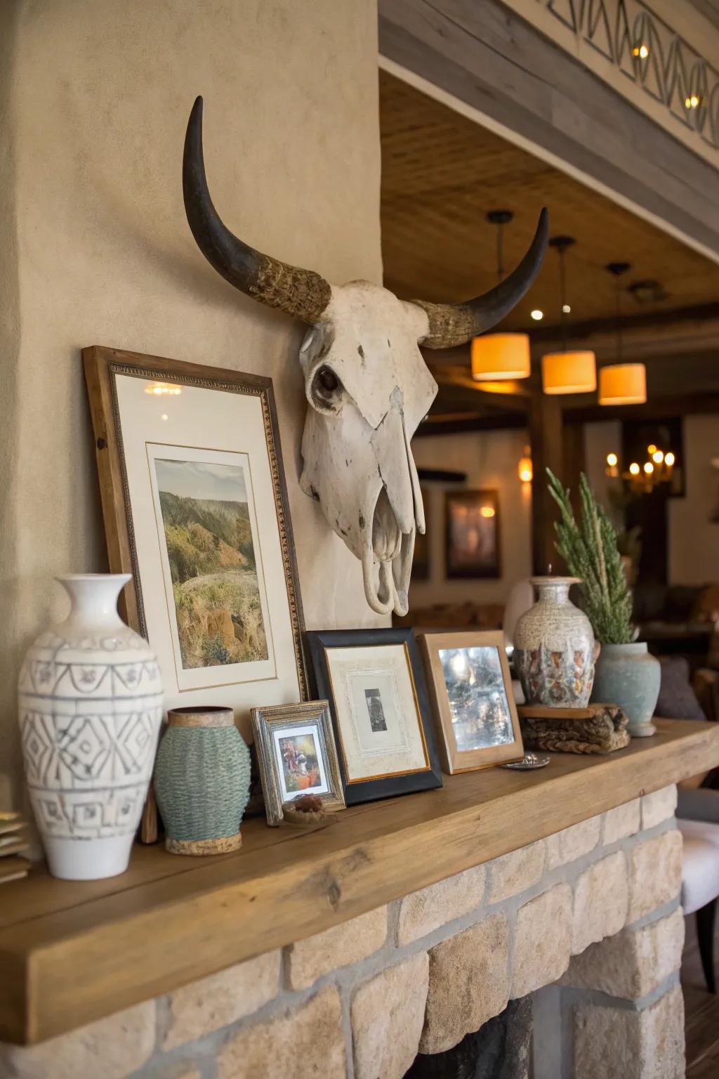 Cow skull combined with vases and frames for a unified visual.