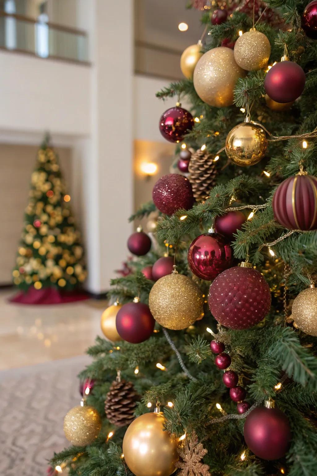 A blend of flat and radiant decorations enhances the tree's sophistication.