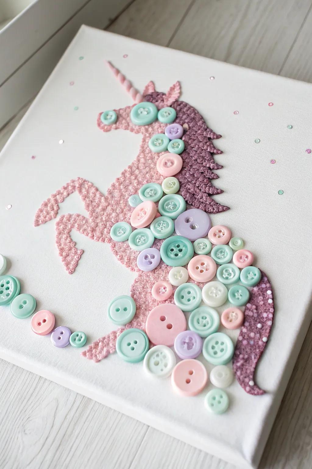 Unleash your imagination with this enchanting button unicorn canvas. Perfect for adding a whimsical touch to any space.
