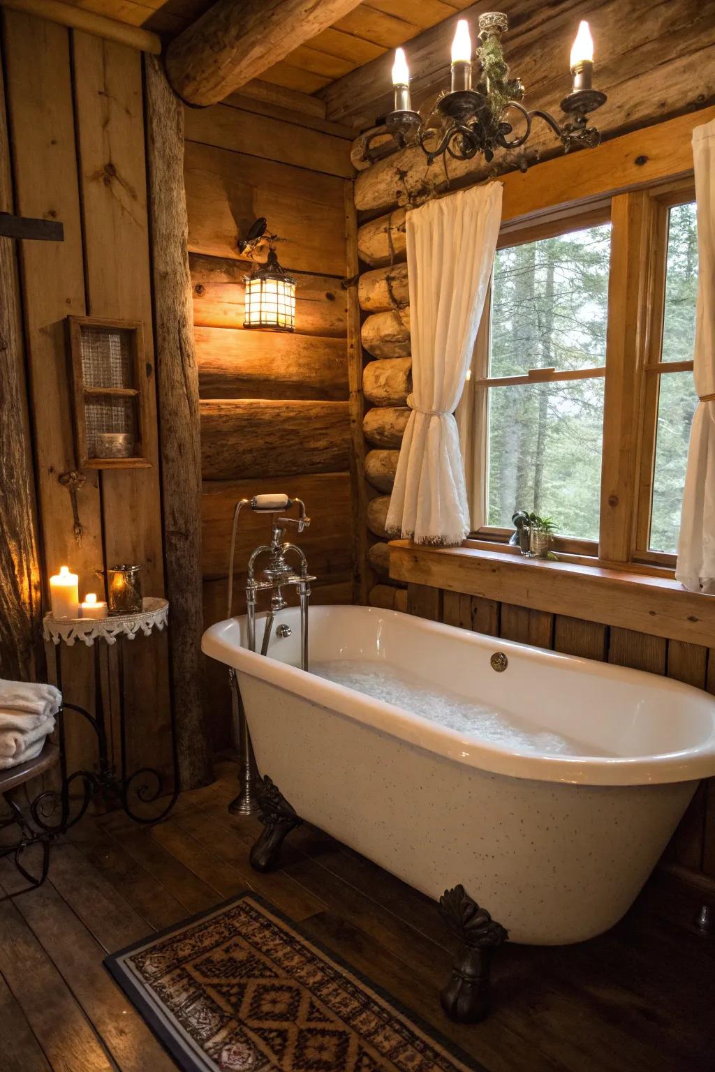A cabin bathroom presenting an antique roll top tub and vintage faucet.