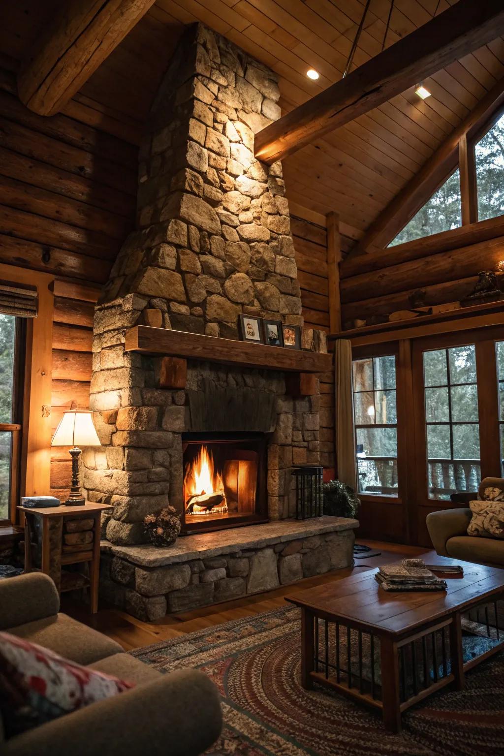 A rock hearth serves as a snug focal point.