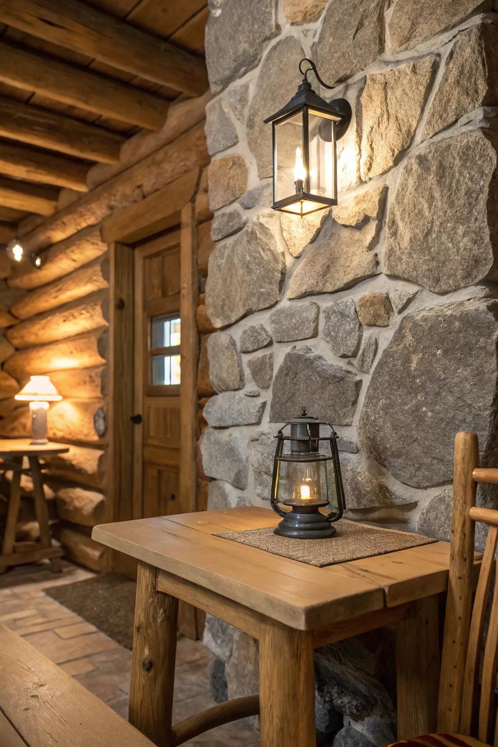 Stone details that beautifully complement the rustic charm of the cabin.
