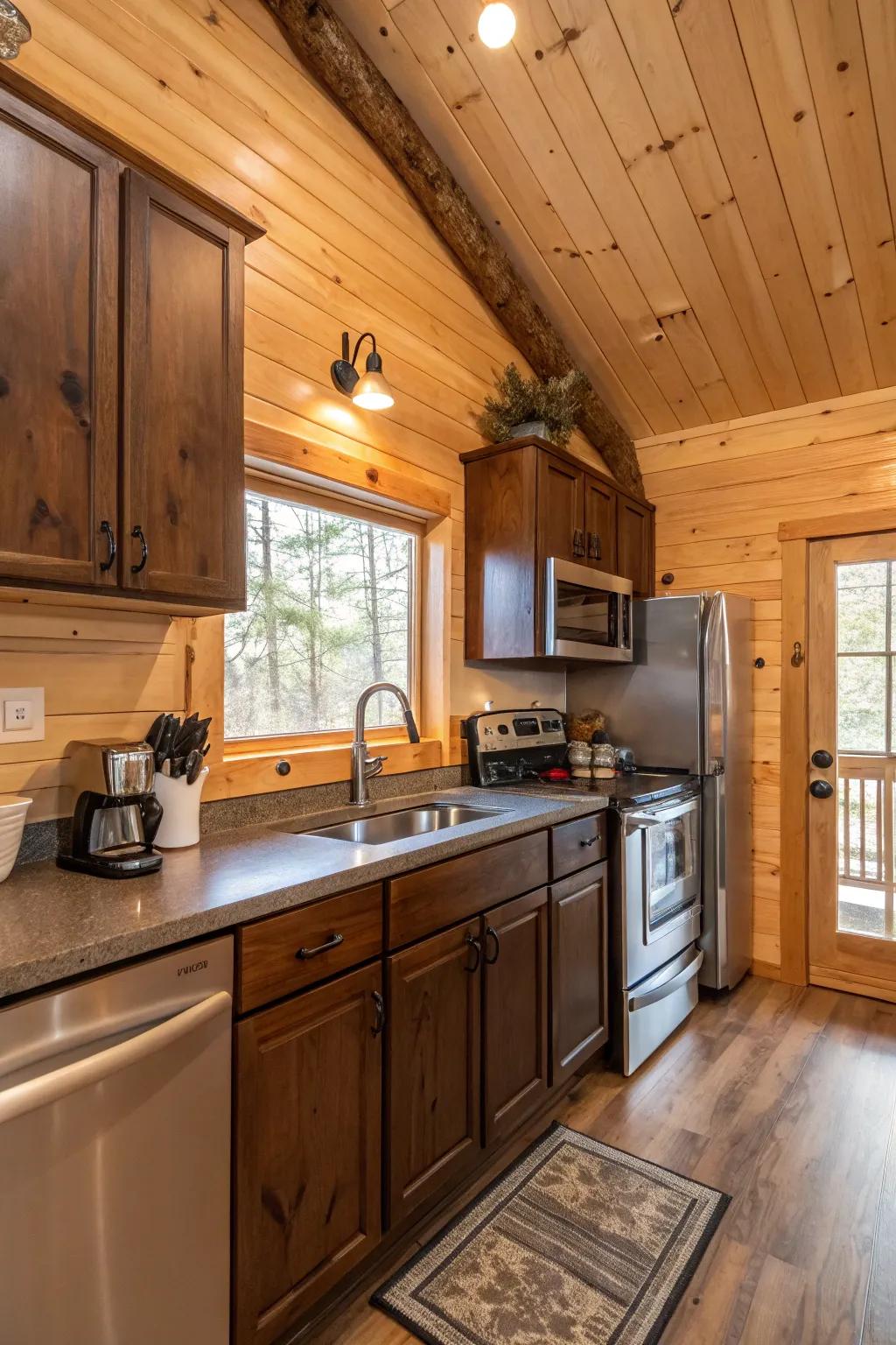 A balanced blend of contemporary and country elements in a cabin kitchen.