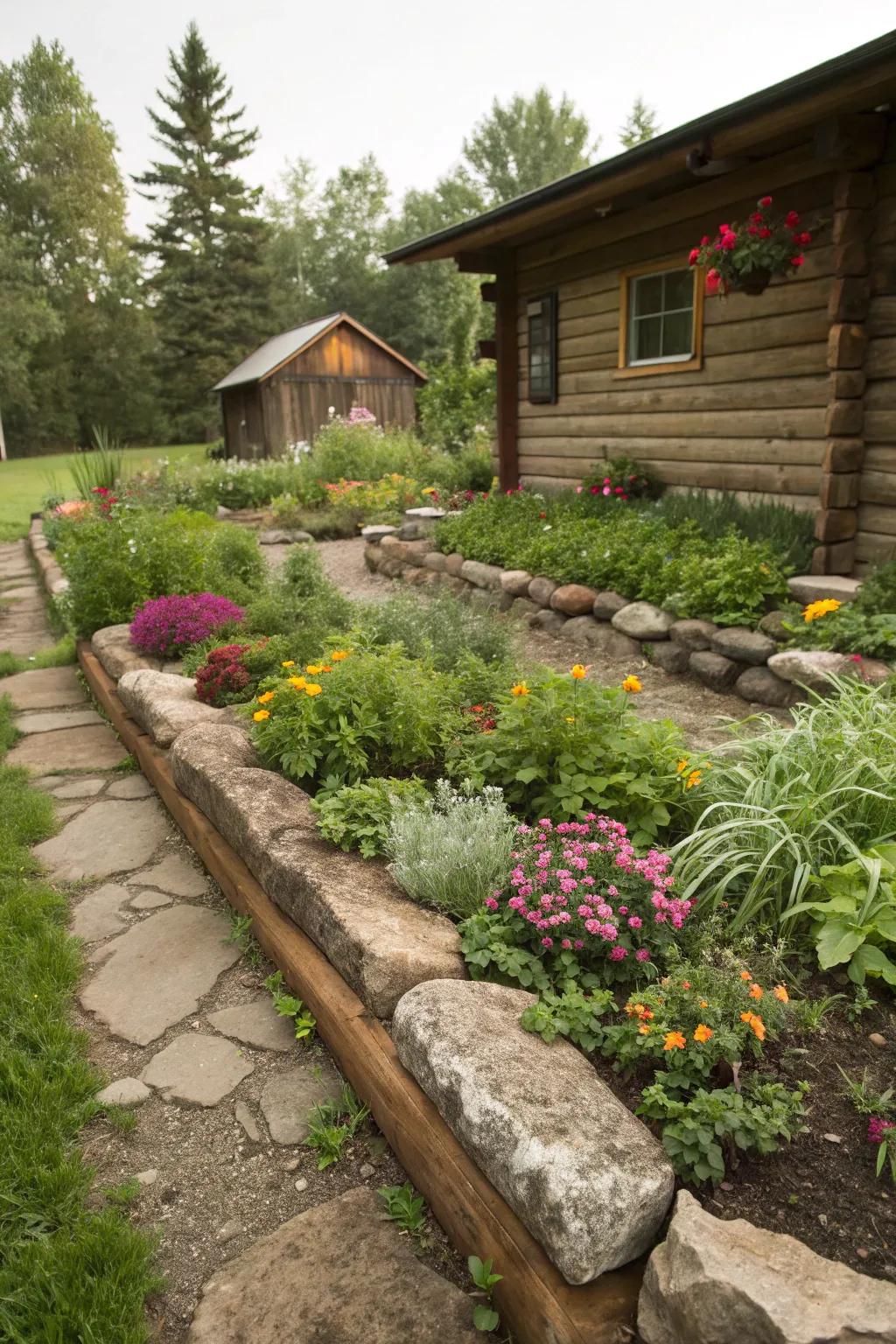 Natural stone perimeters define garden spaces and contribute texture.