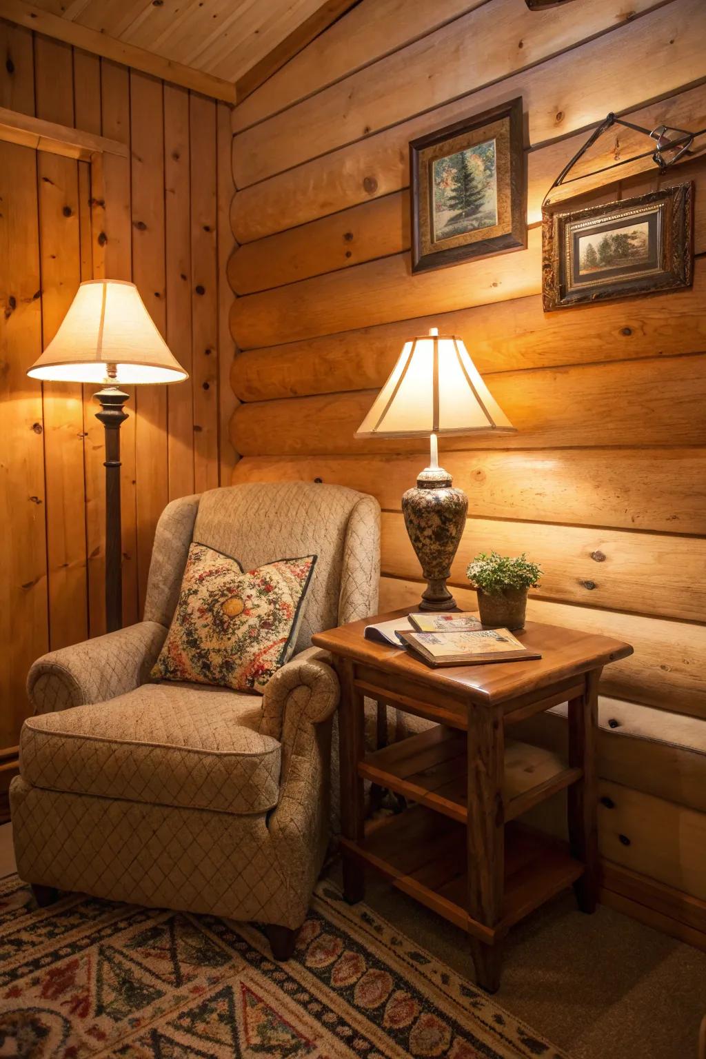 Floor and table lamps producing intimate, inviting lights in a cabin corner.