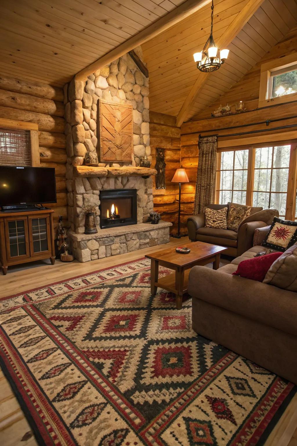 Layered textures and patterns add depth to this cozy cabin living space.