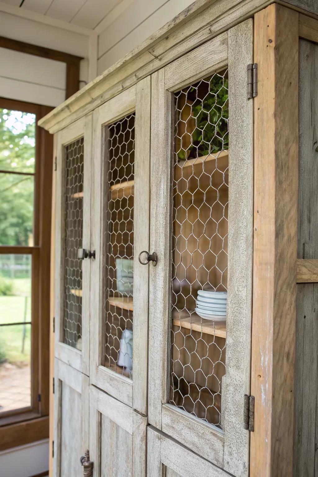 Wire netting panels add country beauty to cabinet doors.