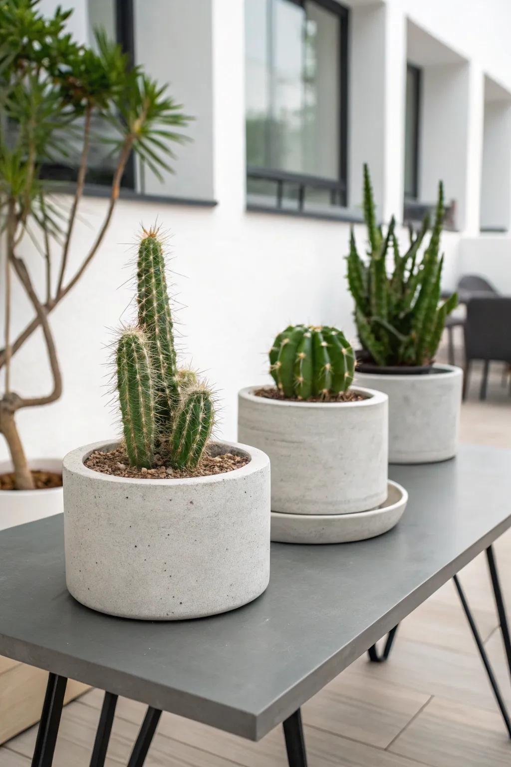 Concrete pots offer a simple, modern look to display cacti.
