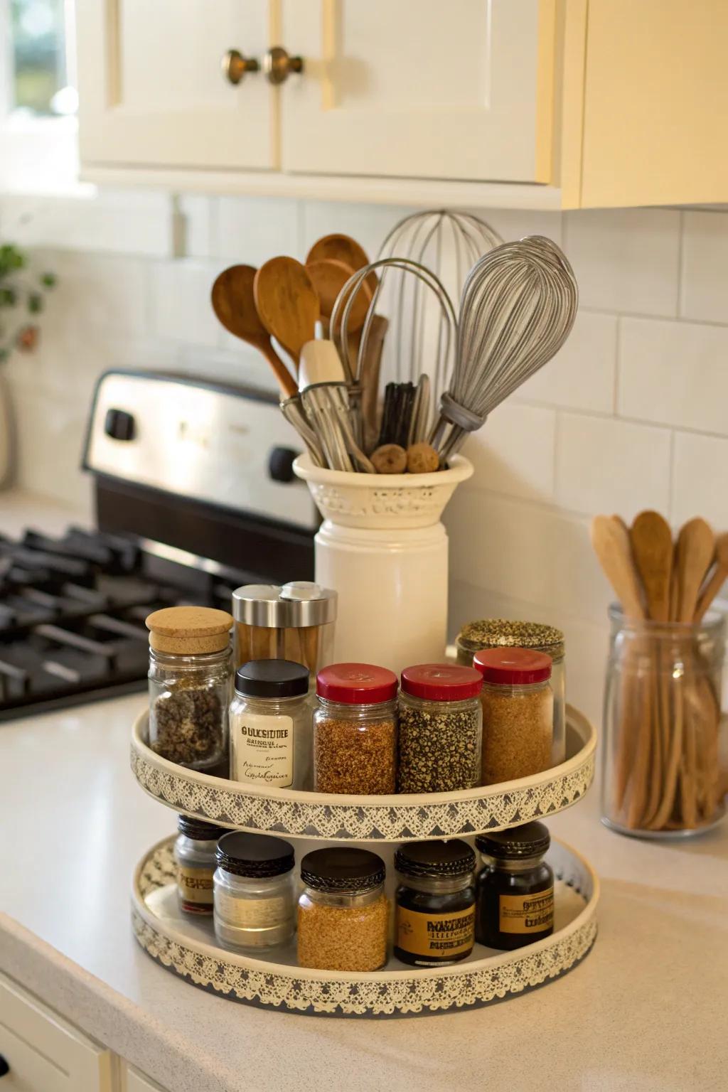 A cake stand adds style and ease to the organization of kitchen necessities.