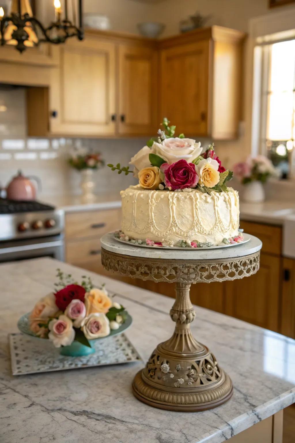 A cake displayed on a vintage stand, giving charm and height to the presentation.