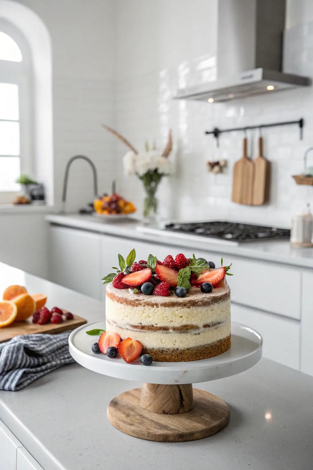 A naked cake that elegantly showcases its natural beauty.