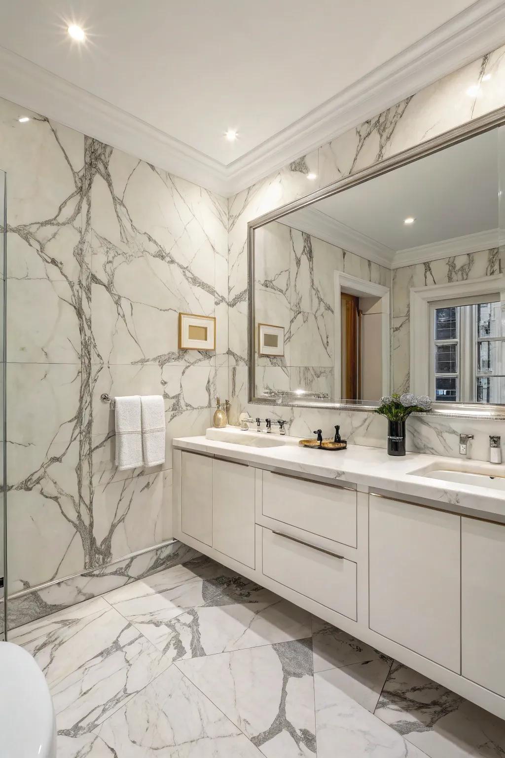 A fluid and sophisticated bathroom featuring wall-to-wall Luminous Stone slabs.