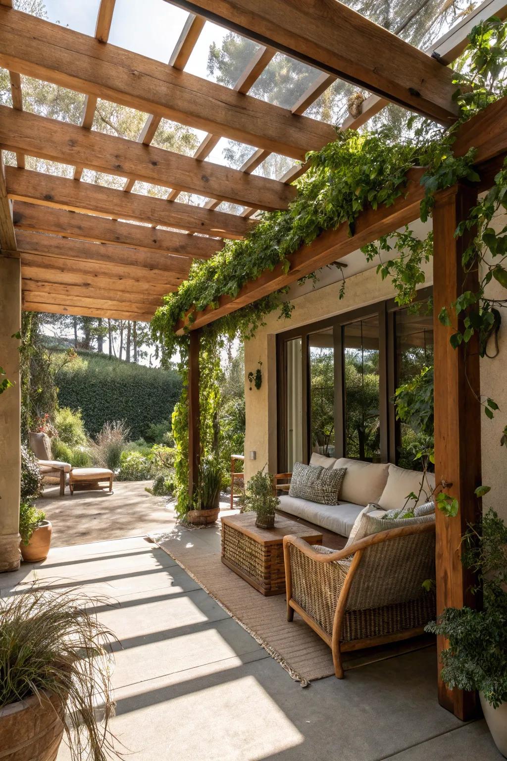 A wooden canopy offers shade in a California room.
