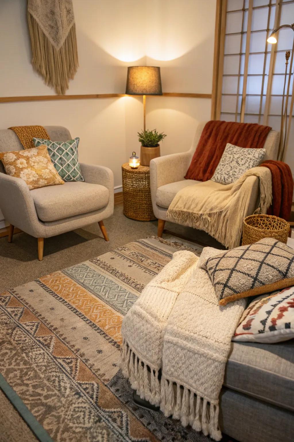 Fabrics with texture bring warmth and depth.