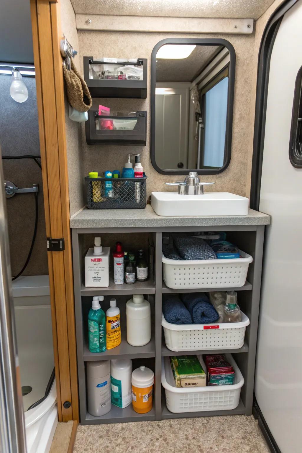 Utilizing under-sink space with small shelves for extra storage.