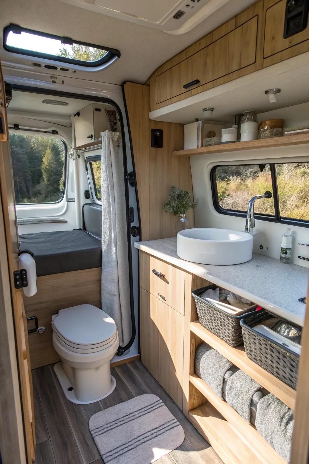 A multi-use camper van bathroom area that serves as both seating and storage.