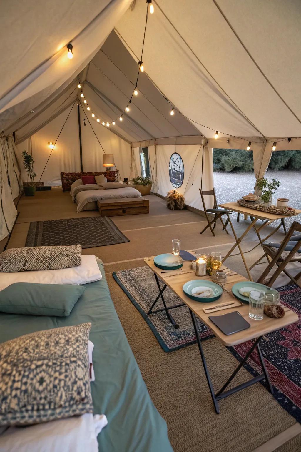 Design flexible areas to maximize your tent's interior.