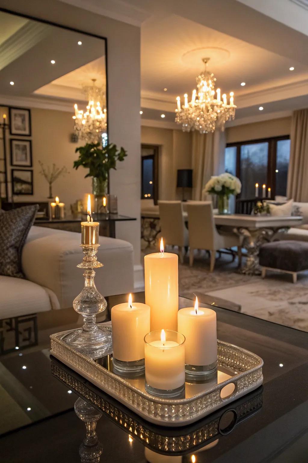 Mirrors under lights fashion an enchanting lighting effect.