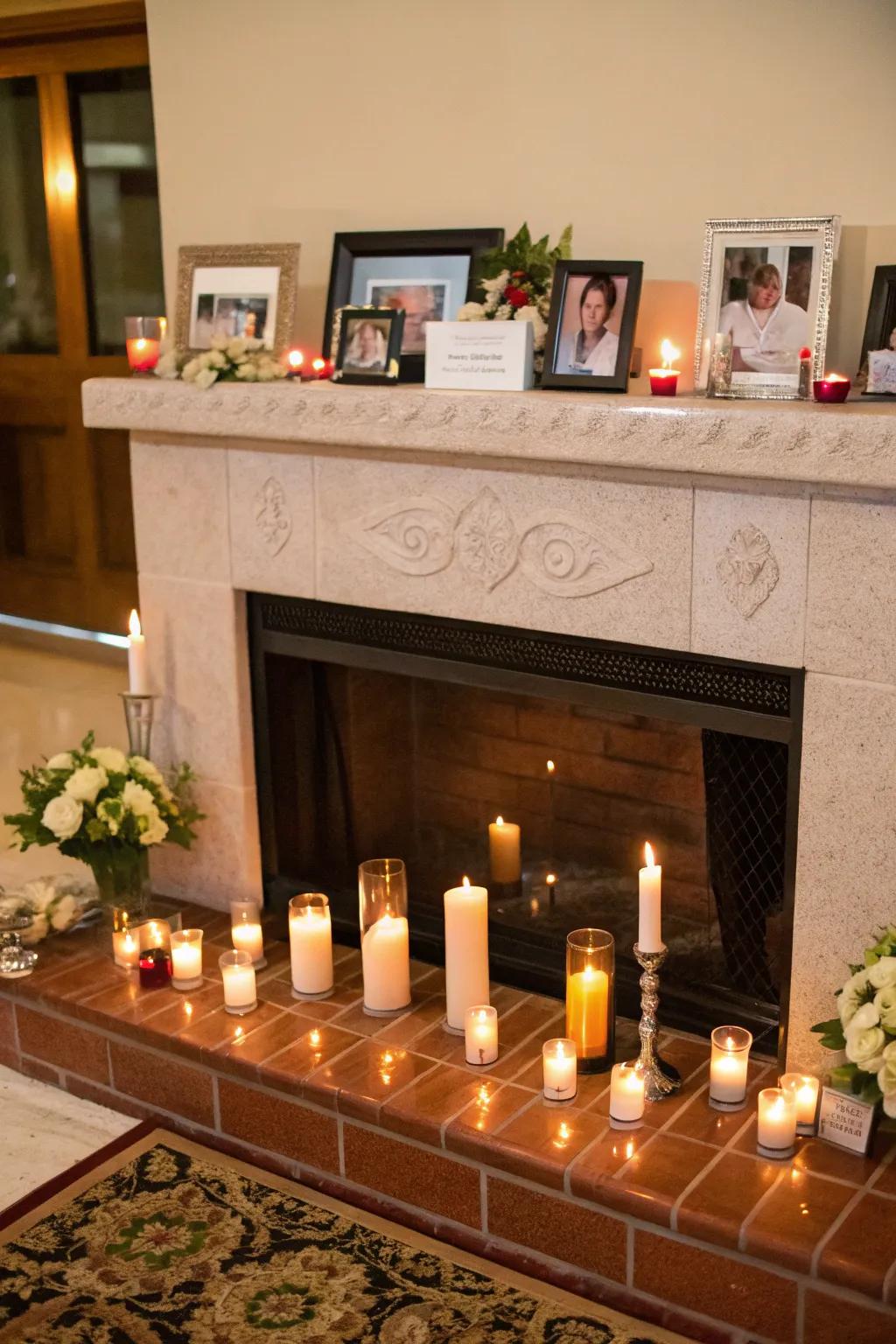 Reshaping the hearth into a sacred place through candles and meaningful tokens.