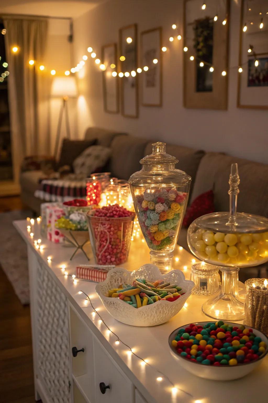 String lights bring a warm and welcoming glow to your candy buffet.