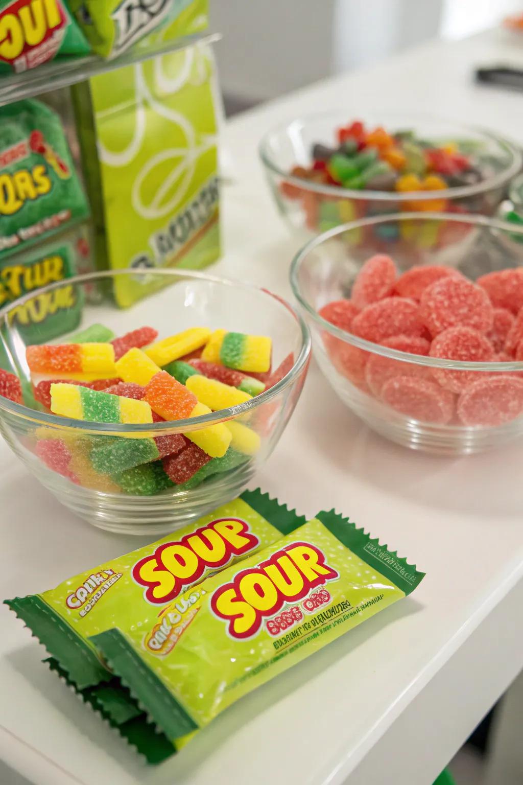 Bold and tangy sour candy station featuring vibrant, eye-catching treats.