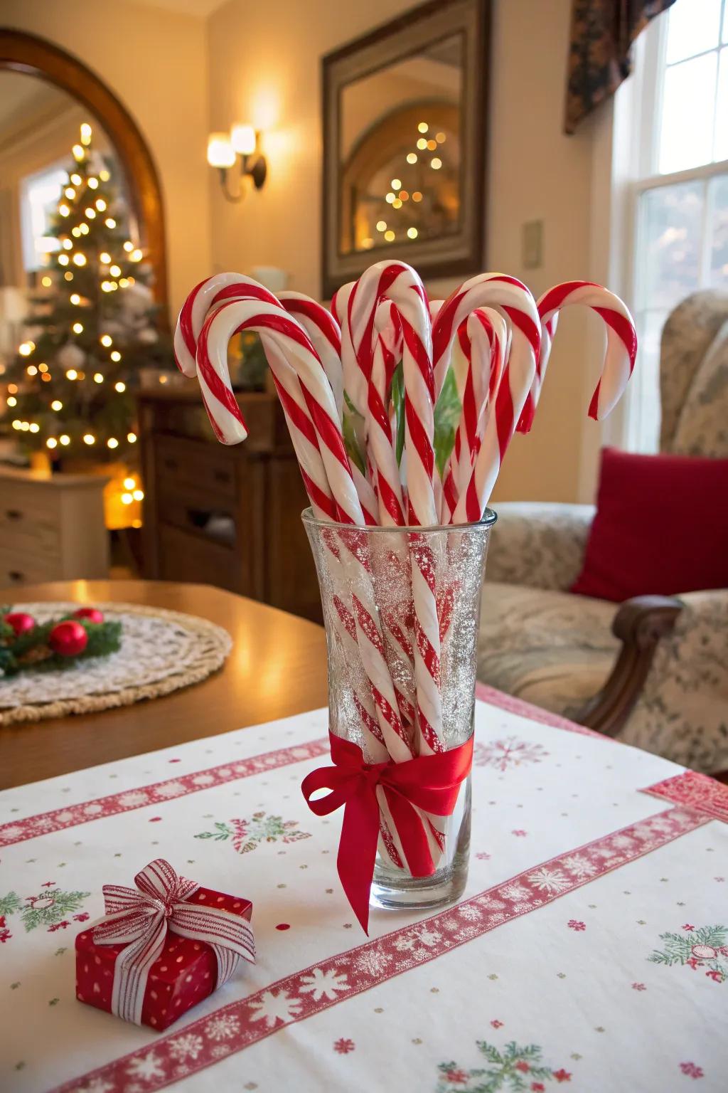 Oversized candy sticks provide a bold and festive touch.