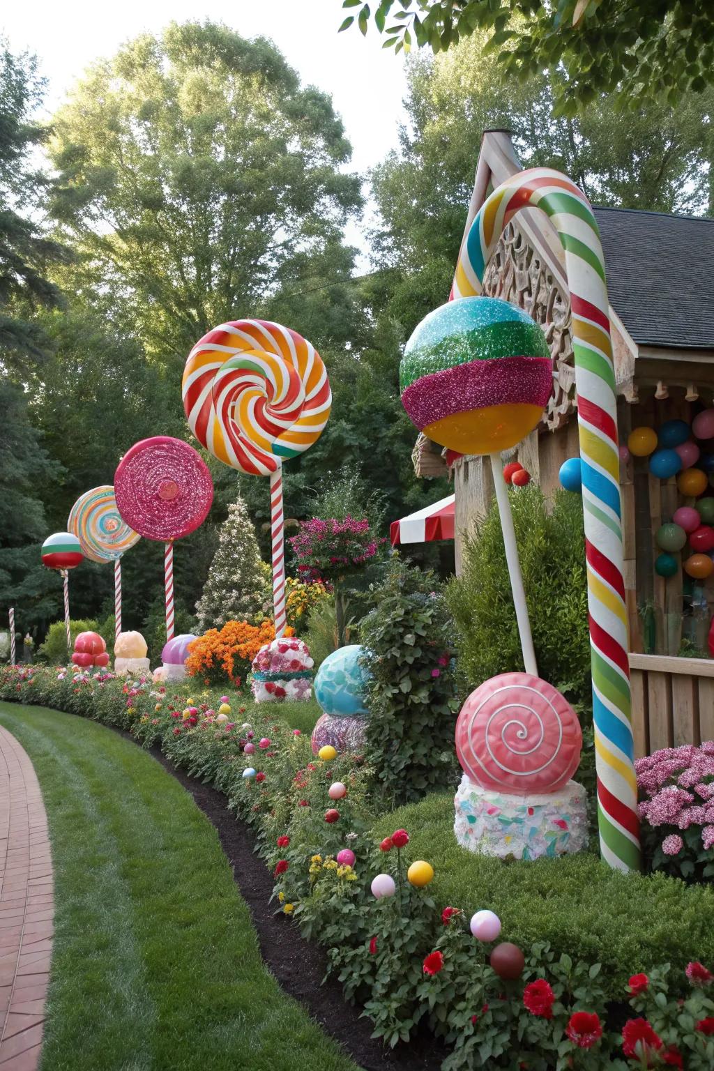 Giant candy structures serve as eye-catching centerpieces.