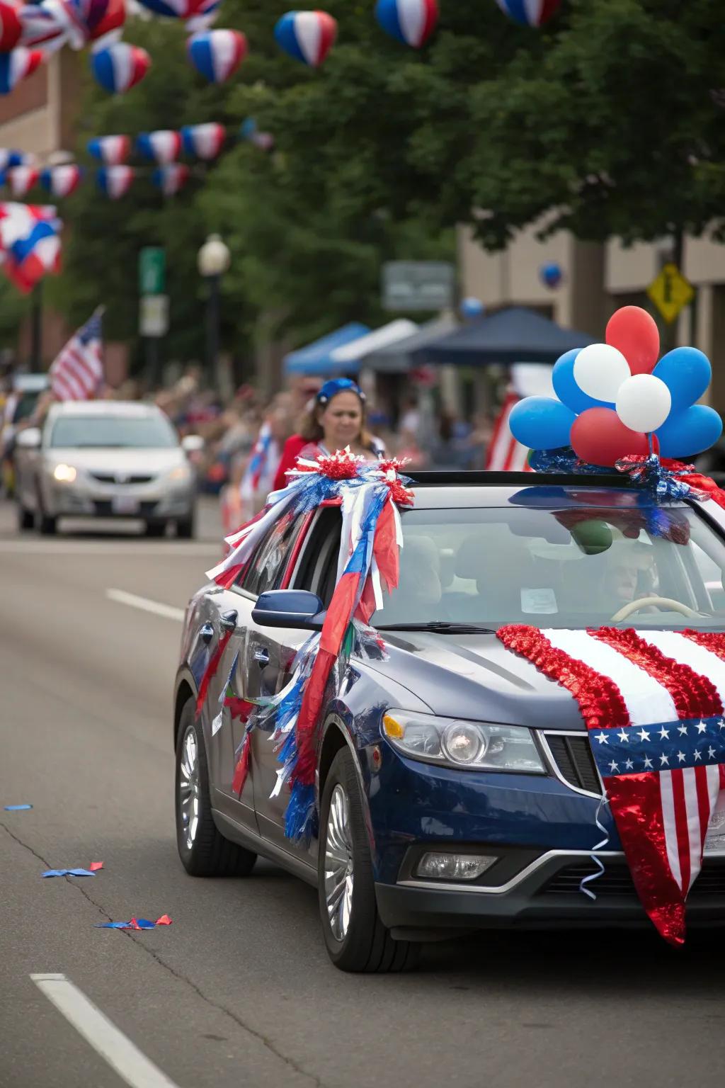 A car proudly exhibiting national pride with vibrant flag decorations.
