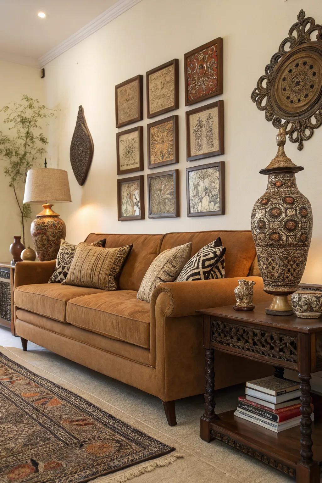 Ornamental items personalize a tawny sofa setting.