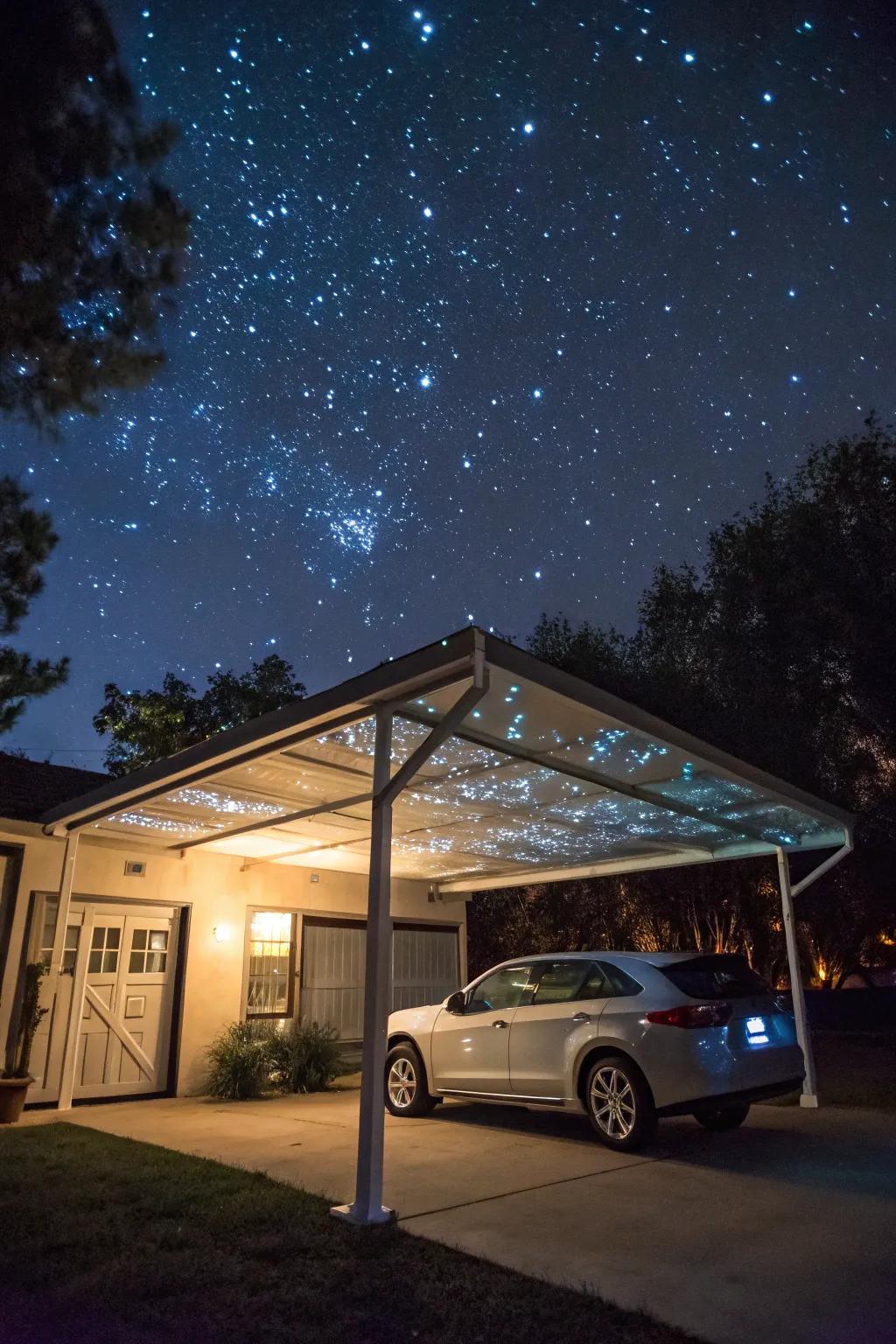 A starlight projection imparts a cosmic element to your carport.