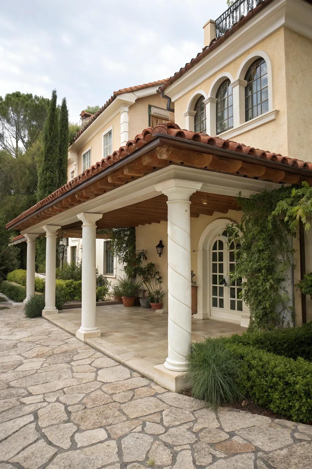 A Mediterranean-style carport full of terracotta charm.
