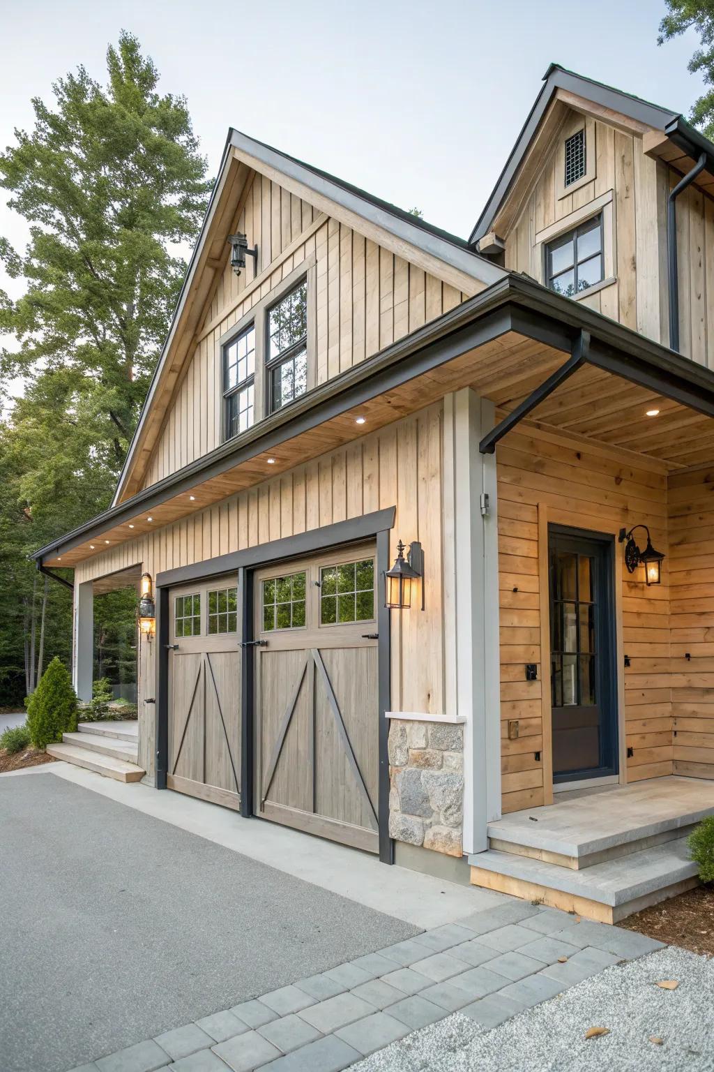 A trendy garage access that infuses character into the carriage house.