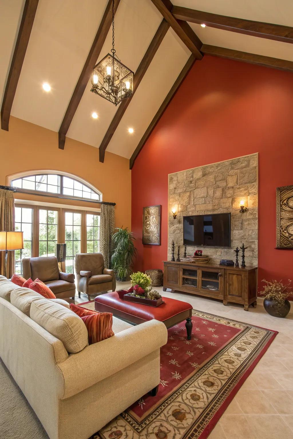 A striking emphasized wall grabs attention in this cathedral-ceilinged space.