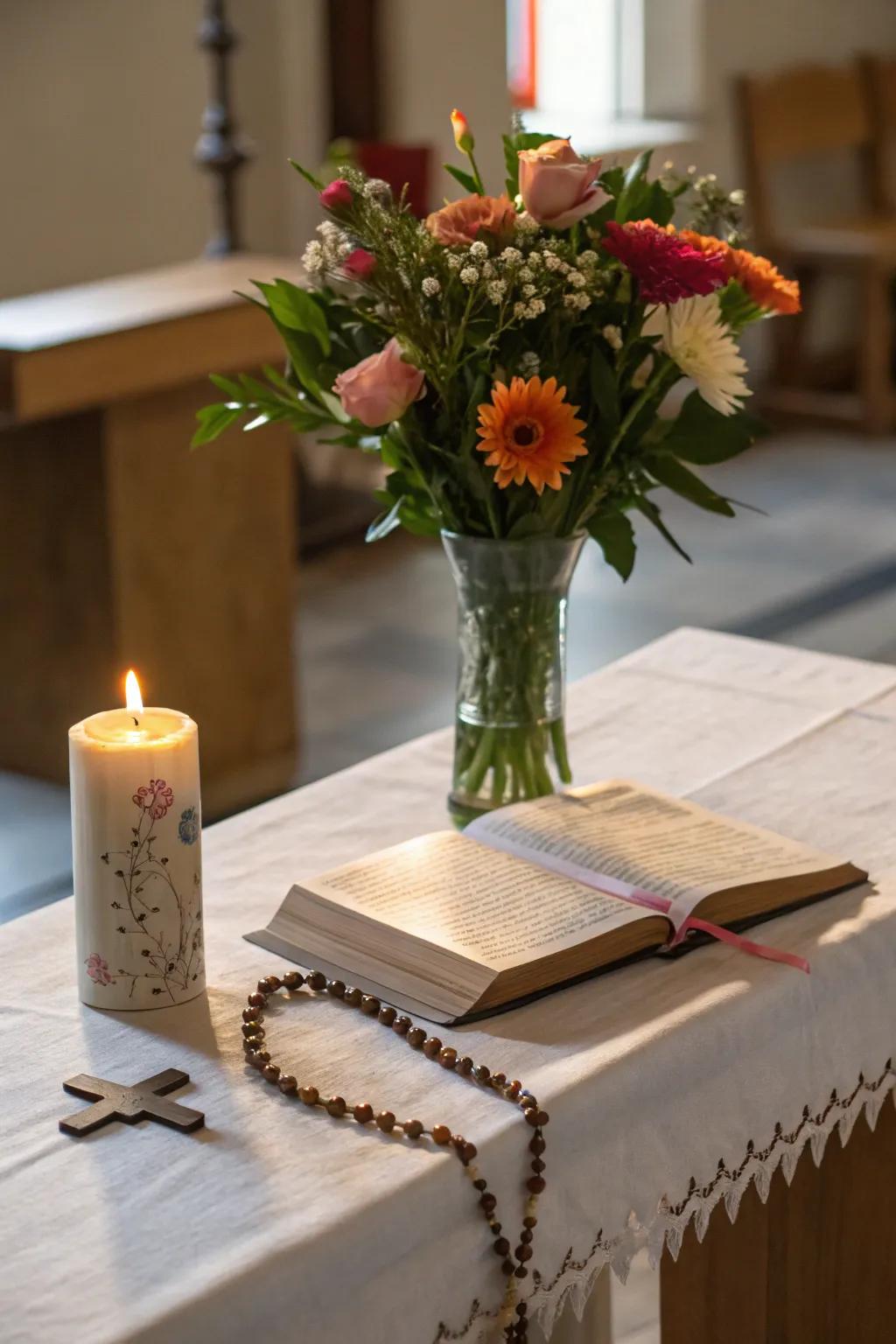 Blossoms contribute inherent beauty and symbolism to your prayer corner.