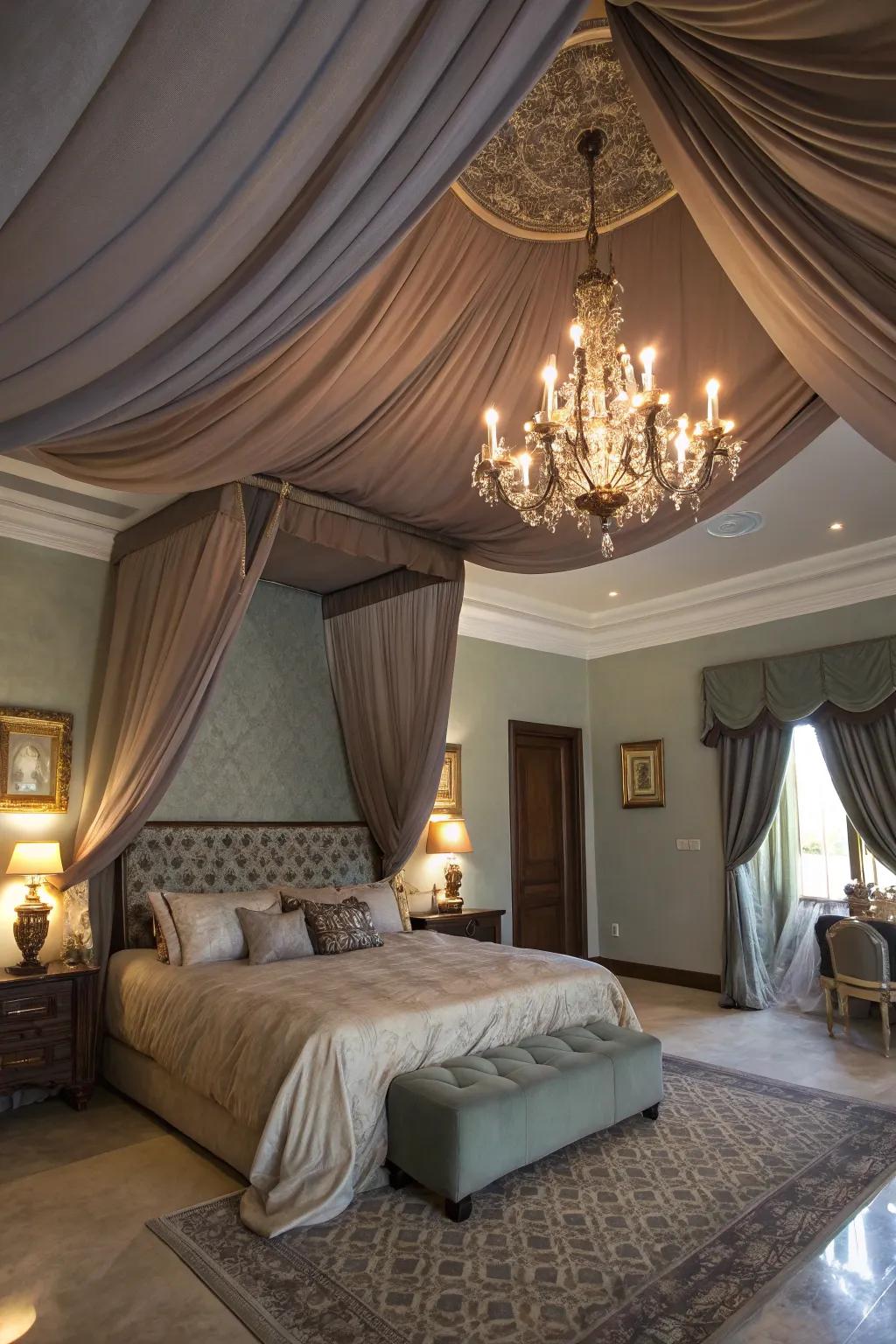 Draped fabric creates a cozy and opulent ceiling ambiance.