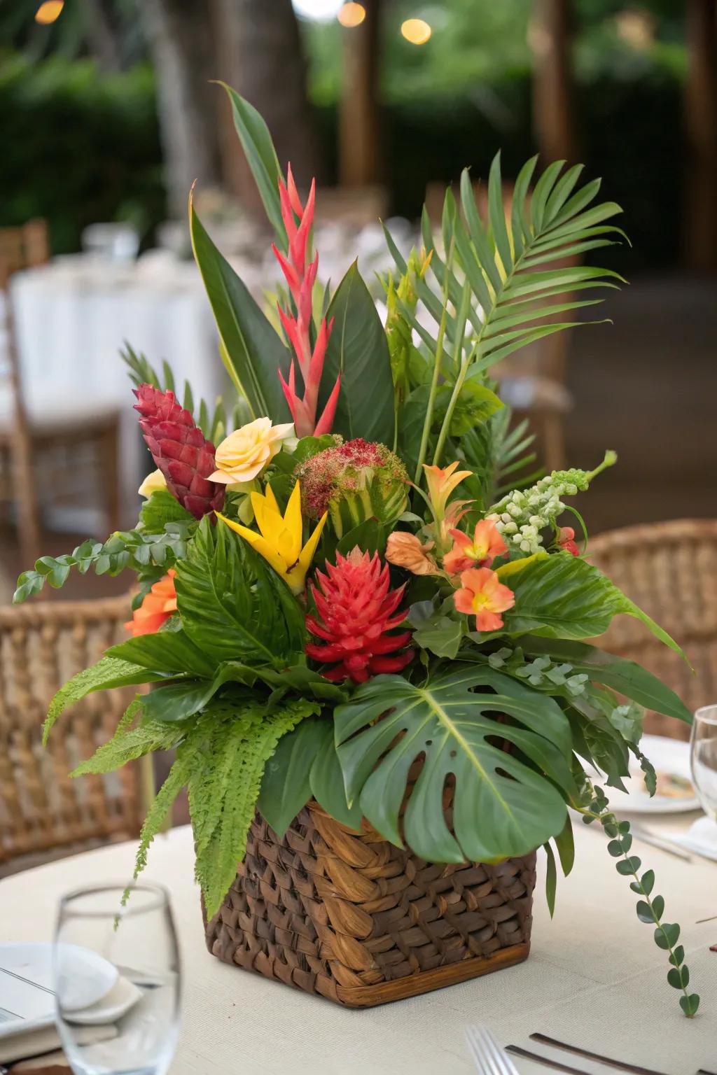 Exotic verdure centerpiece showcasing vibrant colors.