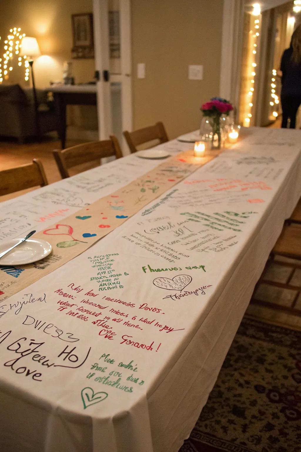 Interactive table runners welcome attendees to leave tailored notes.