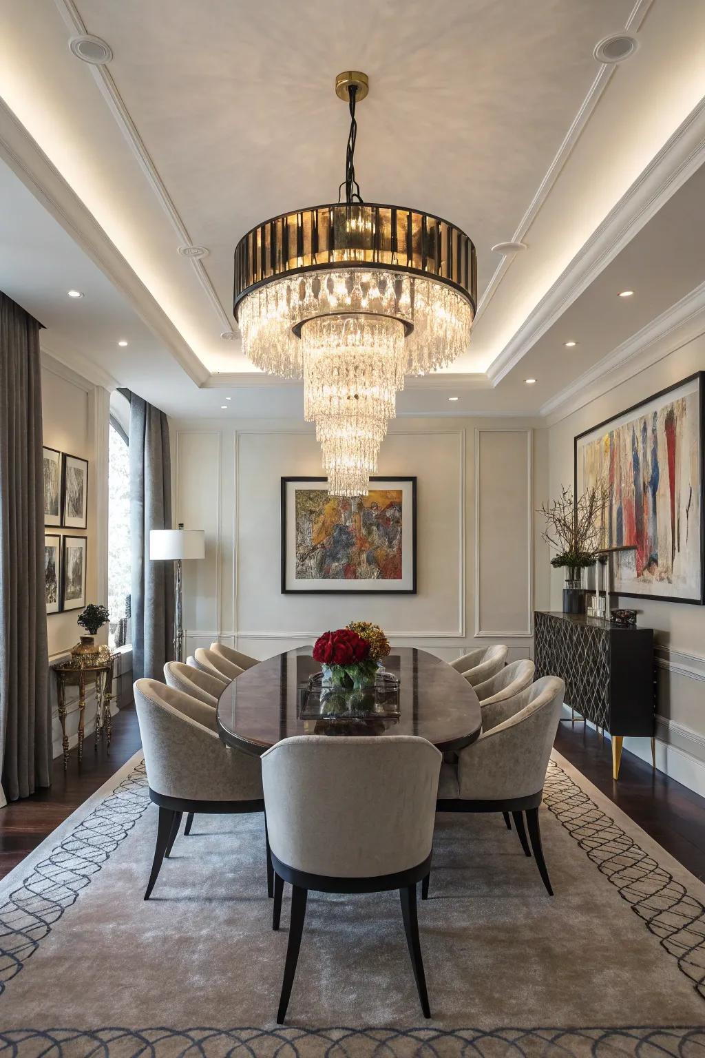 A statement chandelier stands out as an artistic centerpiece.