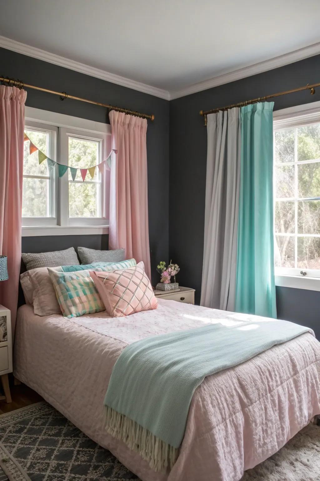 Pastels and deep gray: a harmonious combination for a soothing space.
