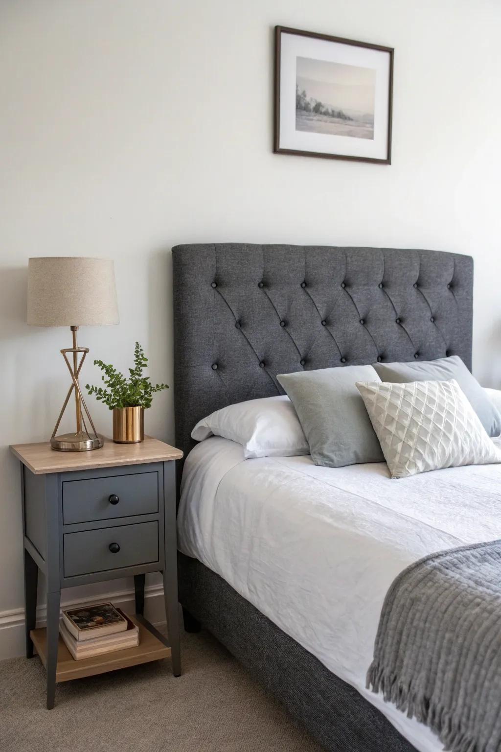 Basic decoration underlines the charm of a coal grey headboard.