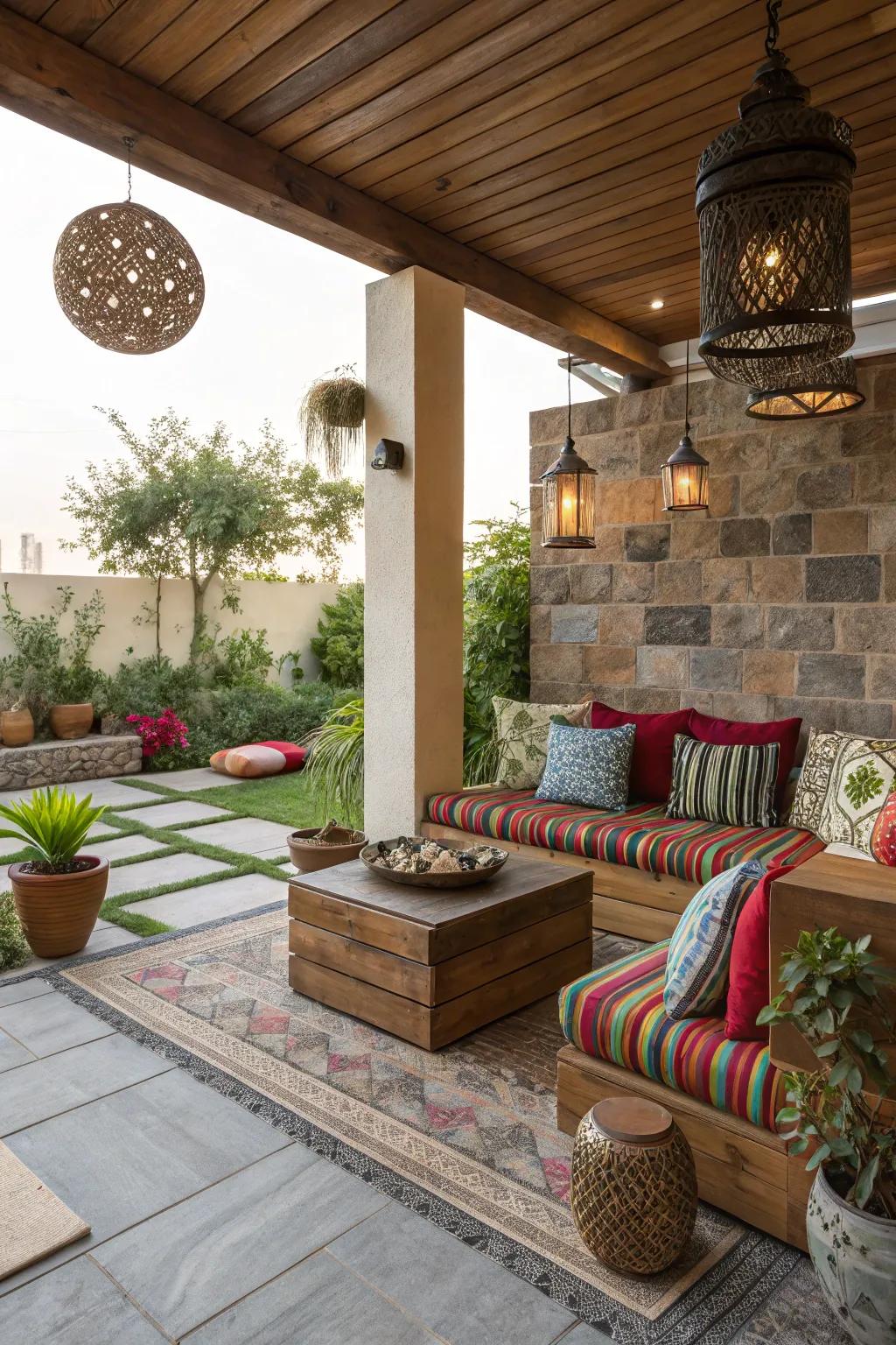 Blended materials creating a modern, eclectic patio.