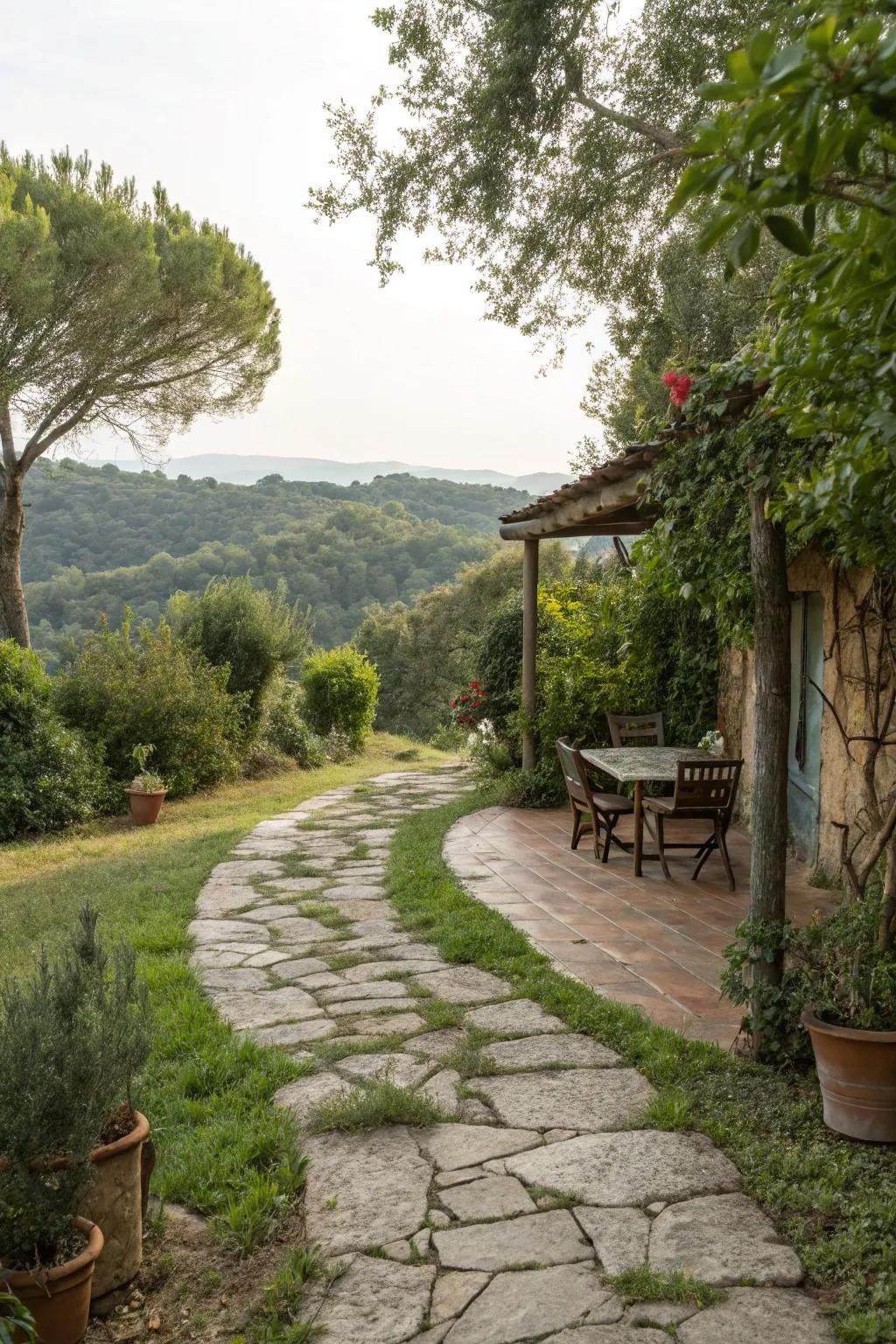 A stone path imparts a rustic charm to your patio.