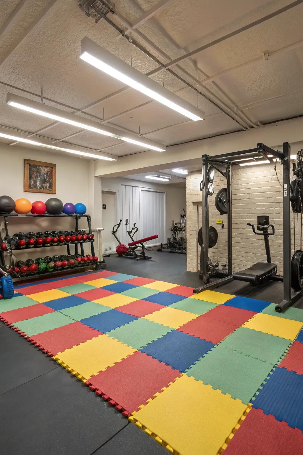 Rubber tiles provide a secure and comfortable floor for basement gyms.