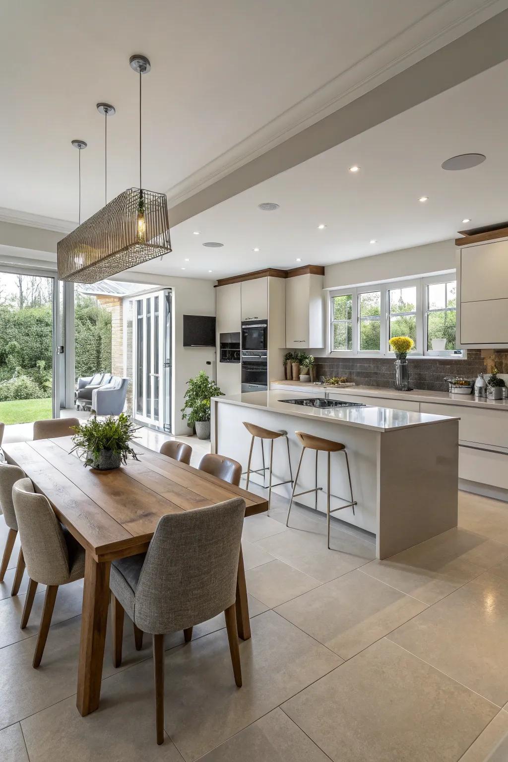 A fluid connection between culinary and dining spaces.