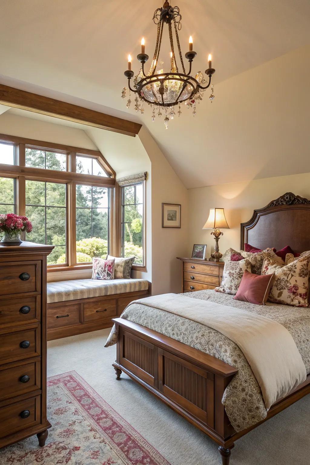 Accent lighting enhancing the beauty of walnut wood furniture.