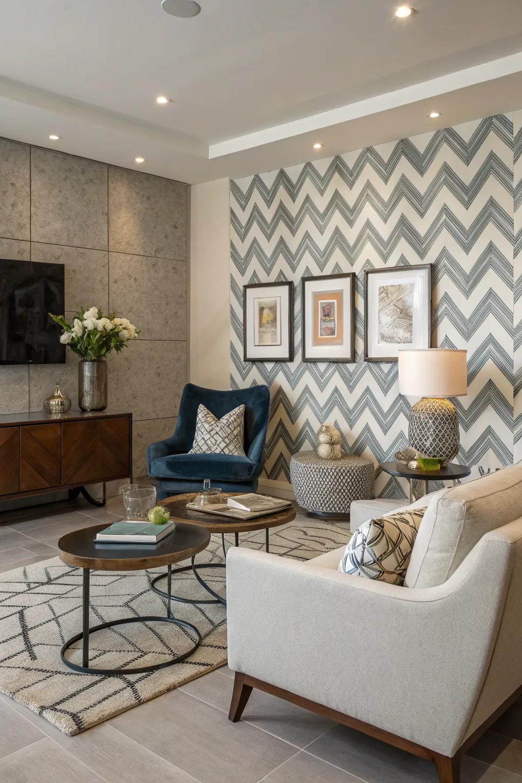 A herringbone tile accent wall adds a touch of sophistication and visual interest to this living space.