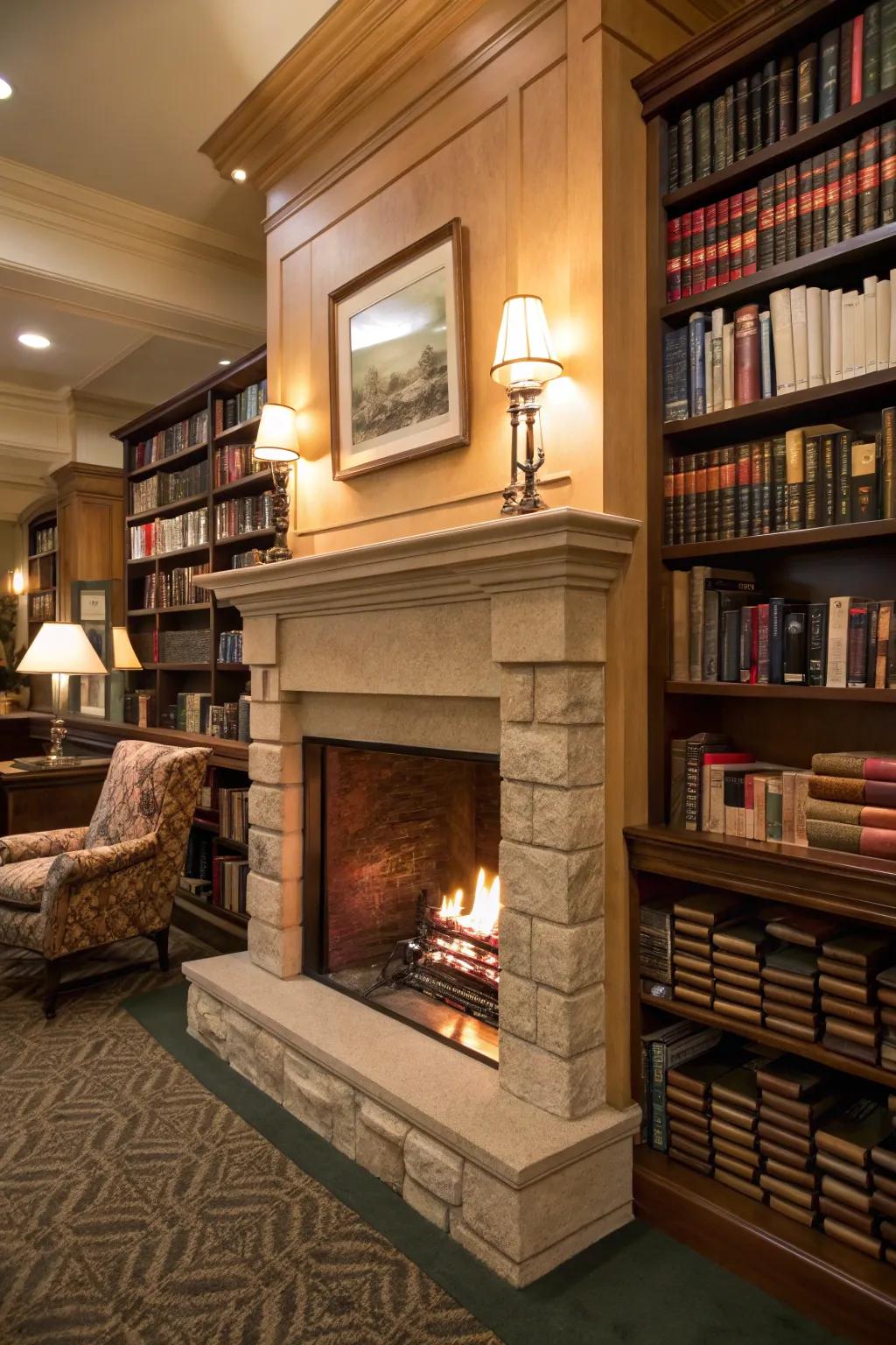 Books situated near the fireplace contribute a sense of warmth and scholarly appeal.